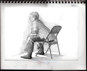 Judy, seated, ink render